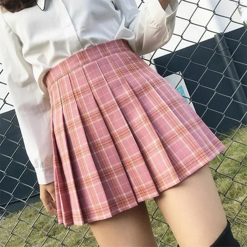 Vanboer 2026 Summer Korean Cute Plaid Skirts, High Waist Pleated Mini Skirt Preppy Style for Girls & Women